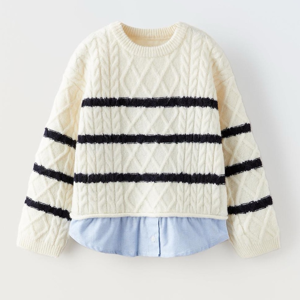Zara Girls Cream and Black Striped Cable Knit Sweater